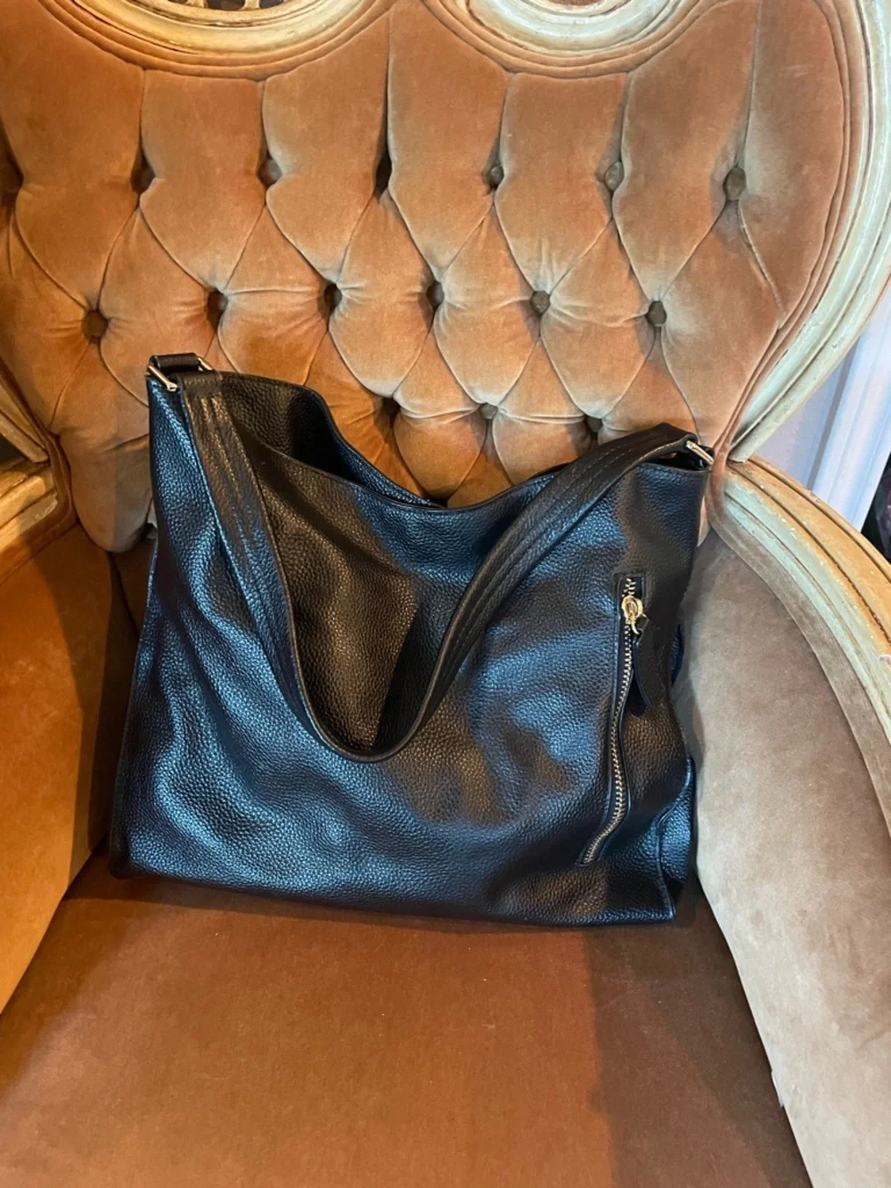 Classic Black Pebbled Leather Hobo Shoulder Bag Tote Le Monde